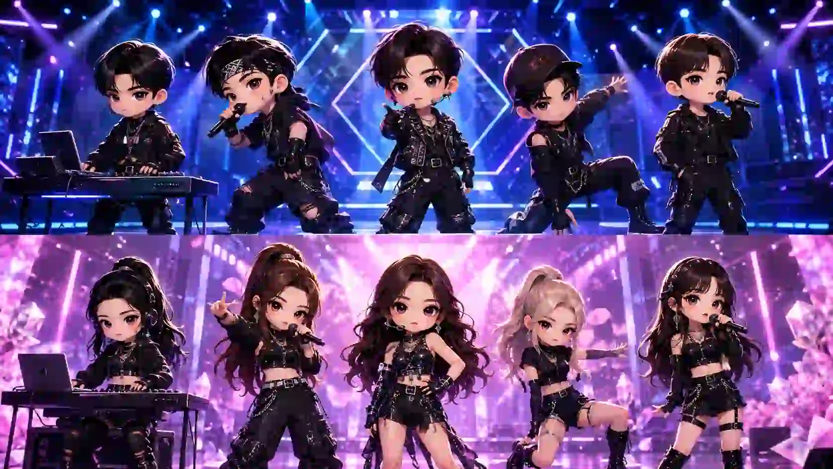 Chibi K-pop performers on a blue and pink concert stage